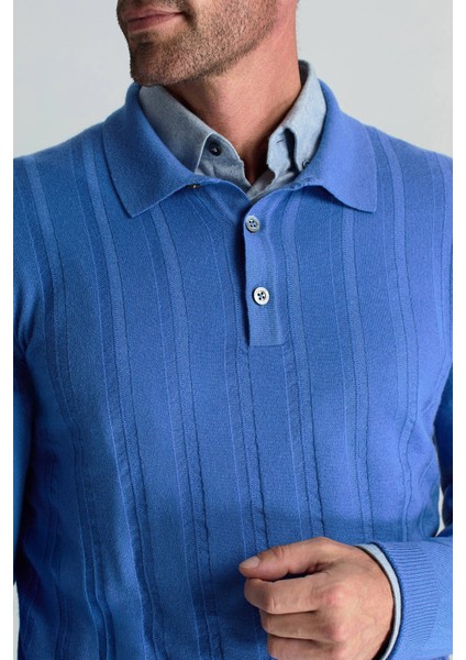 Saf Kaşmir Polo Yaka Şerit Desenli Mavi Triko indirimleri