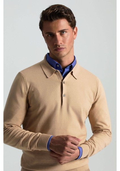 Kaşmir Pamuk Karışım Polo Yaka Camel Triko