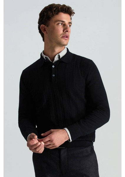 Saf Kaşmir Polo Yaka Şerit Desenli Siyah Triko