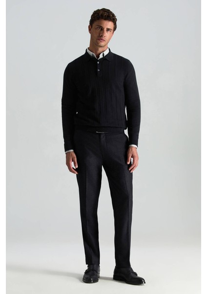 Saf Kaşmir Polo Yaka Şerit Desenli Siyah Triko fiyatları