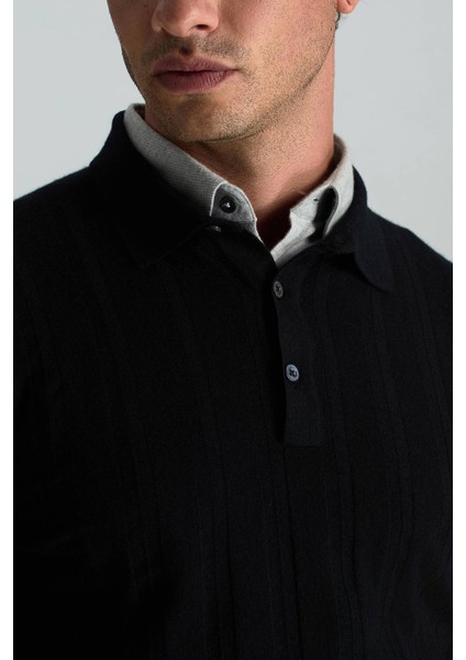 Saf Kaşmir Polo Yaka Şerit Desenli Siyah Triko indirimleri