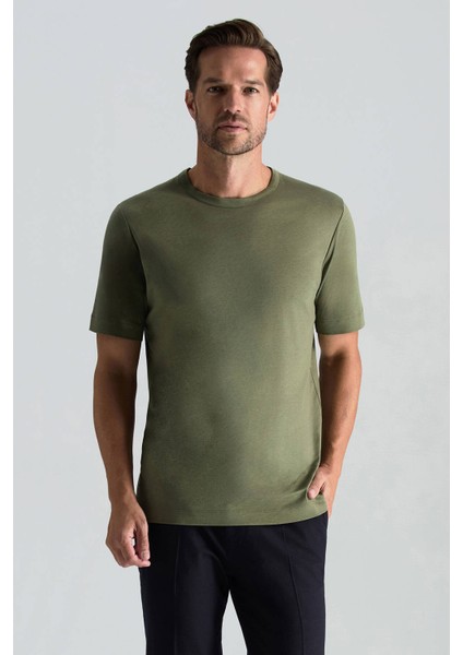 Supima Pamuk Bisiklet Yaka Tencel Haki T-Shirt