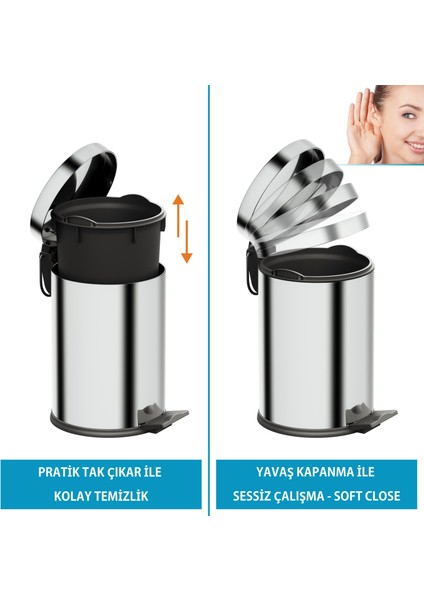 Basic Çöp Kovası - Pedallı 3 L, Parlak Krom Paslanmaz modelleri
