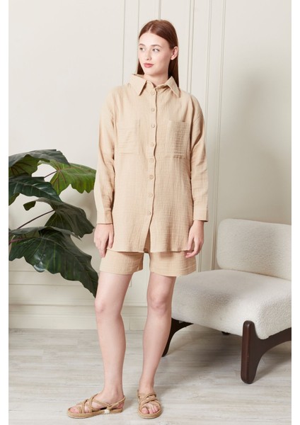 Kadın Soft %100 Koton Kumaş Şort Gömlek Takım