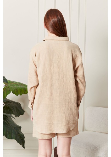 Kadın Soft %100 Koton Kumaş Şort Gömlek Takım