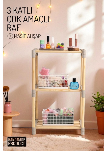 3 Katlı Büyük Boy , Çok Amaçlı Masif Ahşap - Mutfak, Banyo, Ofis Düzenleyici