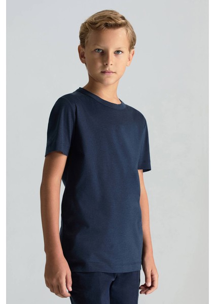Supima Pamuk Bisiklet Yaka Tencel Lacivert Çocuk T-Shirt