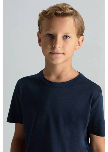 Supima Pamuk Bisiklet Yaka Tencel Lacivert Çocuk T-Shirt modelleri