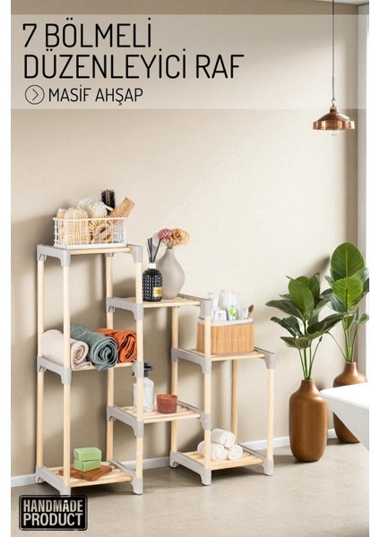 7 Bölmeli Masif Ahşap Düzenleyici Raf – Çok Katlı Organizer ve Depolama Ünitesi
