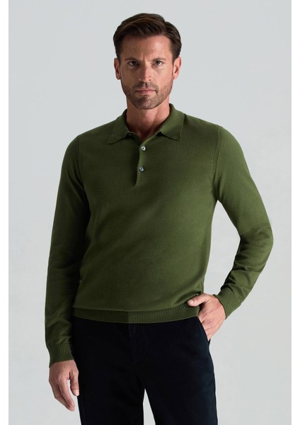Kaşmir Pamuk Karışım Polo Yaka Yeşil Triko