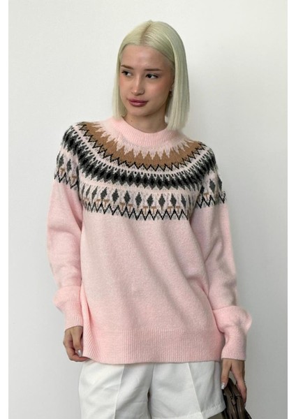 Pembe Bisiklet Yaka Desenli Kadın Triko Kazak MG2502 indirimleri