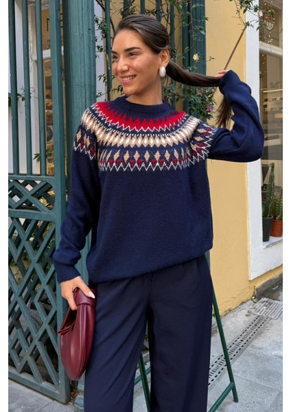 Lacivert Bisiklet Yaka Desenli Kadın Triko Kazak MG2502 fiyatları