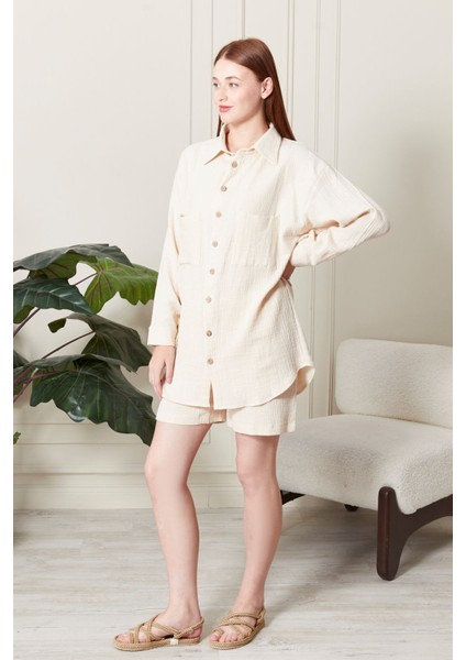 Kadın Soft %100 Koton Kumaş Şort Gömlek Takım