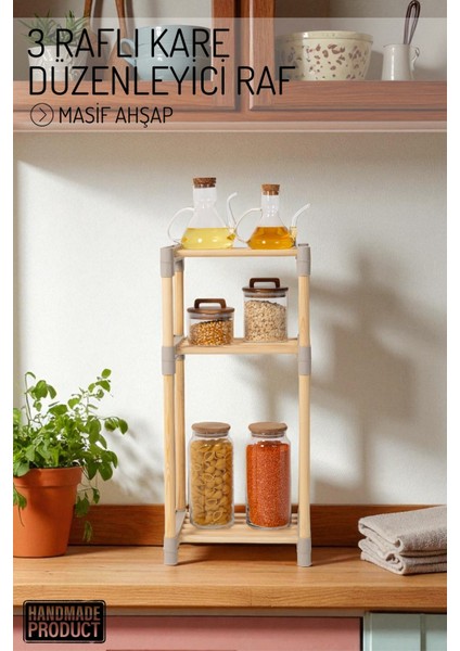 2 Raflı Kare, Çok Amaçlı Masif Ahşap - Mutfak, Banyo, Ofis Düzenleyici