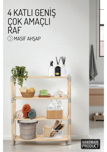 4 Katlı Geniş Raflı Masif Ahşap Çok Amaçlı Raf – Mutfak, Banyo, Ofis Düzenleyici