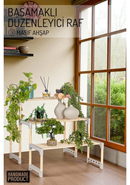 Basamaklı Masif Ahşap Düzenleyici Raf – Dekoratif Çok Katlı Organizer