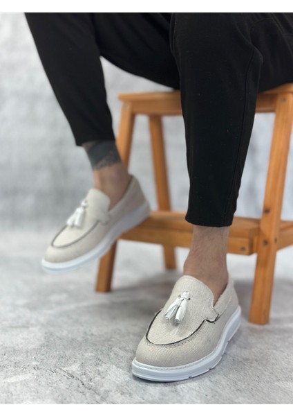 ET0005 Bağcıksız Yüksek Taban Klasik Keten Beyaz Püsküllü Erkek Ayakkabı