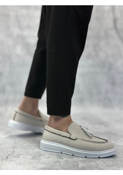 ET0005 Bağcıksız Yüksek Taban Klasik Keten Beyaz Püsküllü Erkek Ayakkabı modelleri