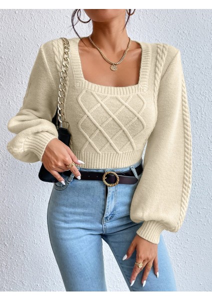 Sandık Yaka Balon Kol Örgülü Triko Kazak