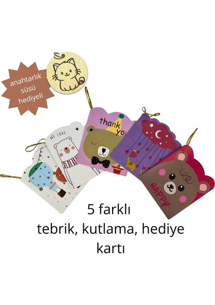5’li Sevimli Desenli Hediye Kartı Seti – Tebrik, Doğum Günü, Yeni Yıl, Özel Gün Kutlama Kartı