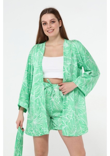 Kadın Saten Kimono Şort Takım