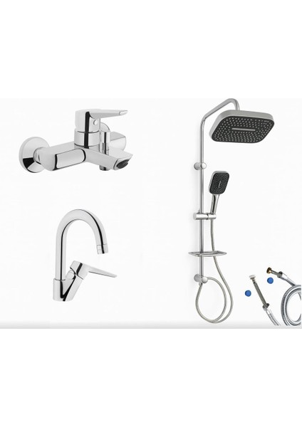 Solid S Banyo Bataryası + Solid S Kuğu Lavabo Bataryası + Doppo Prime Lux Tepe Duş Sistemi