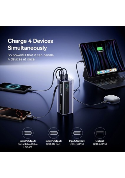 Energeek GR11 145W 20.000 Mah Geri Çekilebilir Dahili Type-C Kablolu 2x Type-C 1xusb Powerbank uzay gri fırsatları