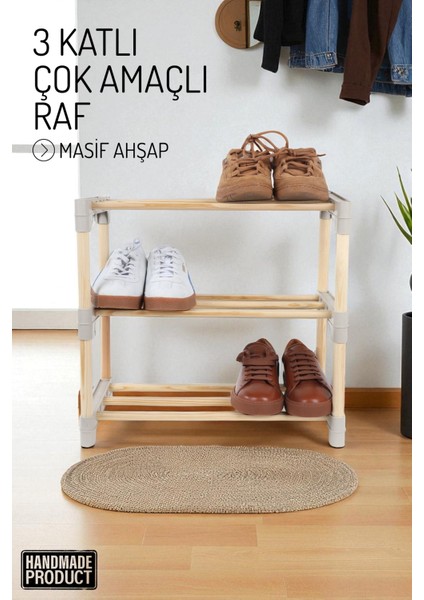 3 Katlı Masif Ahşap Çok Amaçlı Raf – Mutfak, Banyo, Ofis Düzenleyici