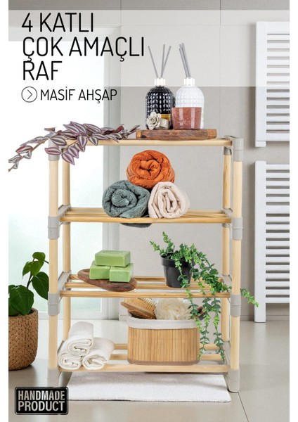 4 Katlı Masif Ahşap Çok Amaçlı Raf – Mutfak, Banyo, Ofis Düzenleyici