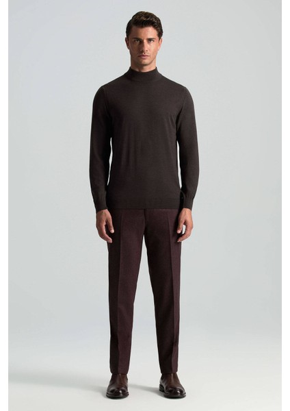 Merino Yünü Yarım Balıkçı Yaka Koyu Kahverengi Triko