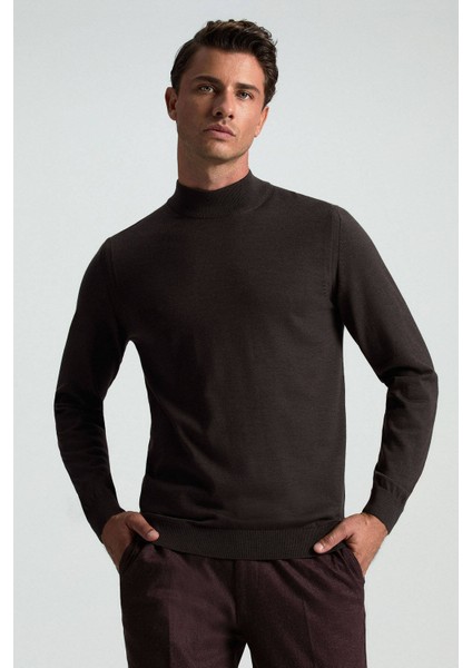 Merino Yünü Yarım Balıkçı Yaka Koyu Kahverengi Triko fiyatları