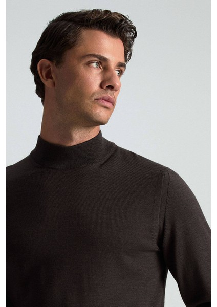 Merino Yünü Yarım Balıkçı Yaka Koyu Kahverengi Triko modelleri