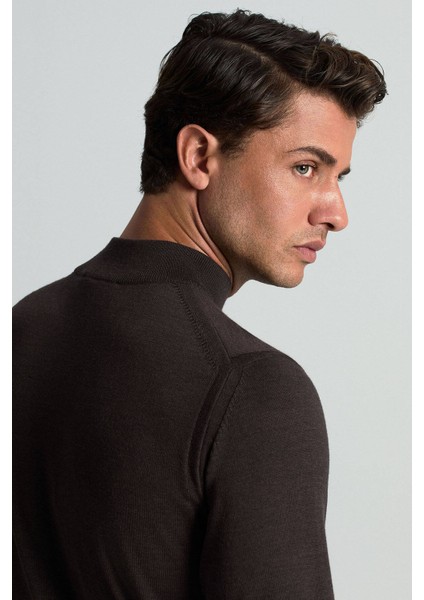 Merino Yünü Yarım Balıkçı Yaka Koyu Kahverengi Triko fırsatları