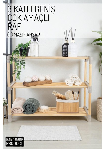 3 Katlı Geniş Raflı Masif Ahşap Çok Amaçlı Raf – Mutfak, Banyo, Ofis Düzenleyici