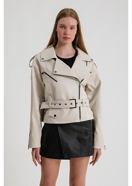 Kadın Oversize Biker Deri Ceket