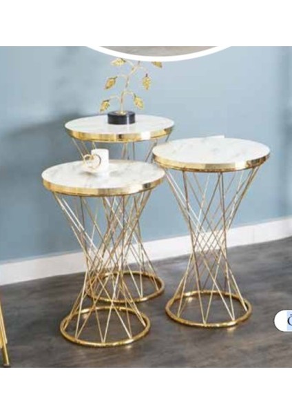 Mim Beyaz Mermer - Gold Örgülü Zigon Sehpa