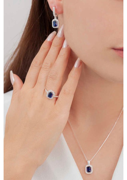 Baget Taşlı Gümüş Kare Model Takı Seti S6KL 925