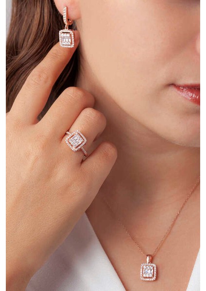 Baget Taşlı Gümüş Takı Seti Rose S30RB 925