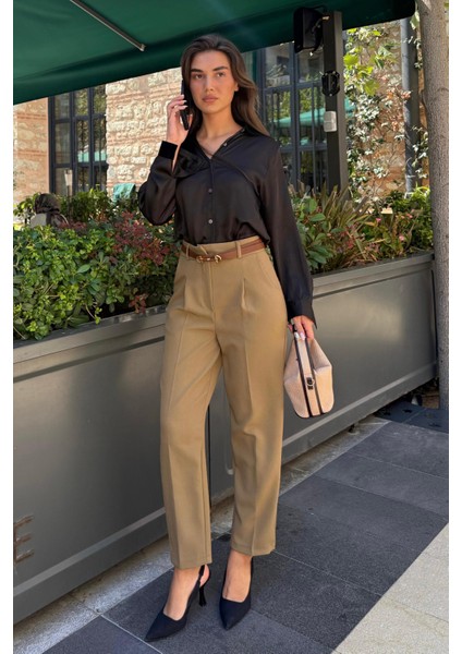 Haki Yüksek Bel Pileli Kadın Kumaş Pantolon MG2507