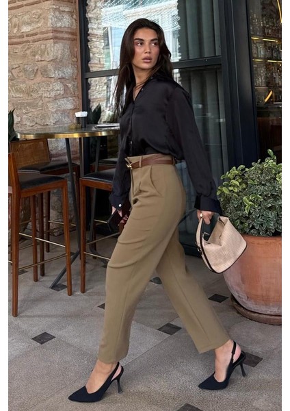 Haki Yüksek Bel Pileli Kadın Kumaş Pantolon MG2507 fiyatları