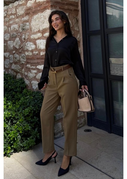Haki Yüksek Bel Pileli Kadın Kumaş Pantolon MG2507 indirimleri