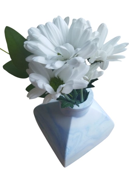 Homemade Dekoratif Obje Mavi Desenli Taş Vazo Kare Tabanlı ve Köşeli Yapı