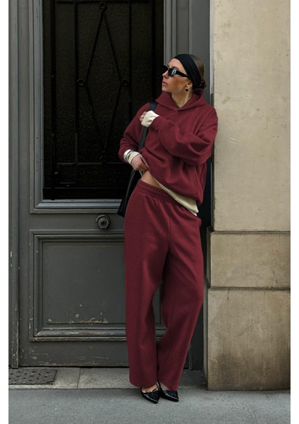 Bordo Kapüşonlu Basic Kadın Eşofman Takımı MG2533