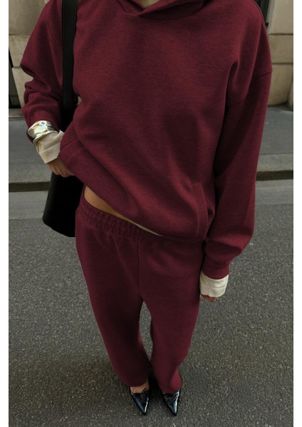 Bordo Kapüşonlu Basic Kadın Eşofman Takımı MG2533 fiyatları