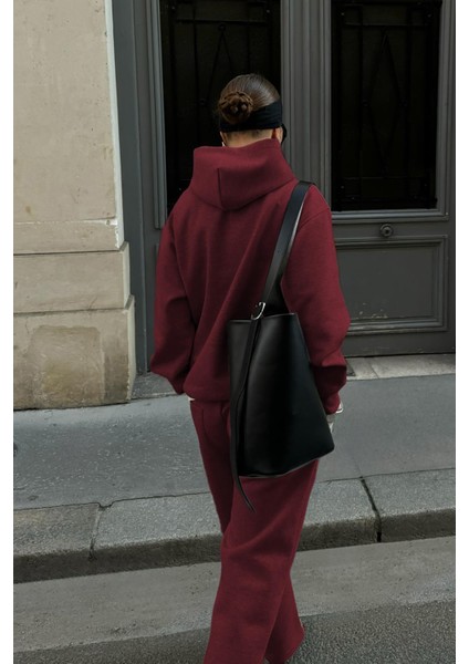 Bordo Kapüşonlu Basic Kadın Eşofman Takımı MG2533 modelleri