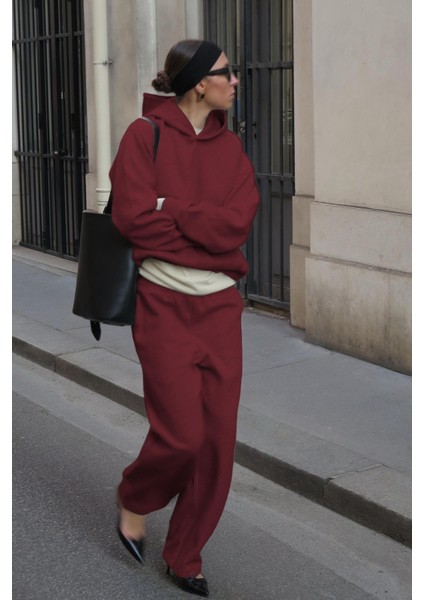Bordo Kapüşonlu Basic Kadın Eşofman Takımı MG2533 fırsatları