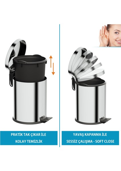 Basic Çöp Kovası - Pedallı 5 L, Parlak Krom Paslanmaz modelleri