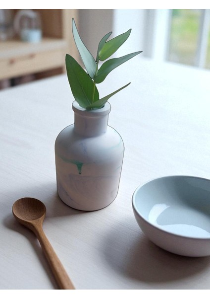 Homemade Dekoratif Obje – Mavi ve Yeşil Karma Desenli Taş Bombeli Vazo