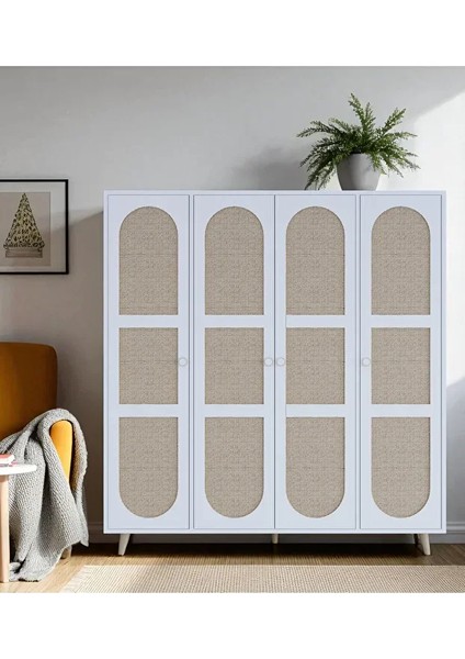 Bali Bohem - 4 Kapaklı Gardırop | Jüt Mdf Kapaklı Elbise Dolabı | 160CM -Beyaz