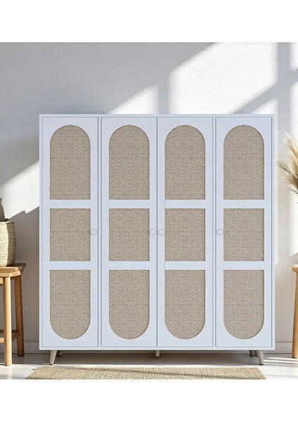 Bali Bohem - 4 Kapaklı Gardırop | Jüt Mdf Kapaklı Elbise Dolabı | 160CM -Beyaz fiyatları